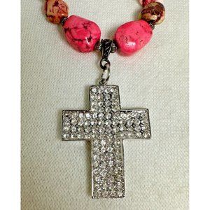 Rich Pink Magnesite Bead Necklace / Bracelet Set with CZ Encrusted Cross Pedant